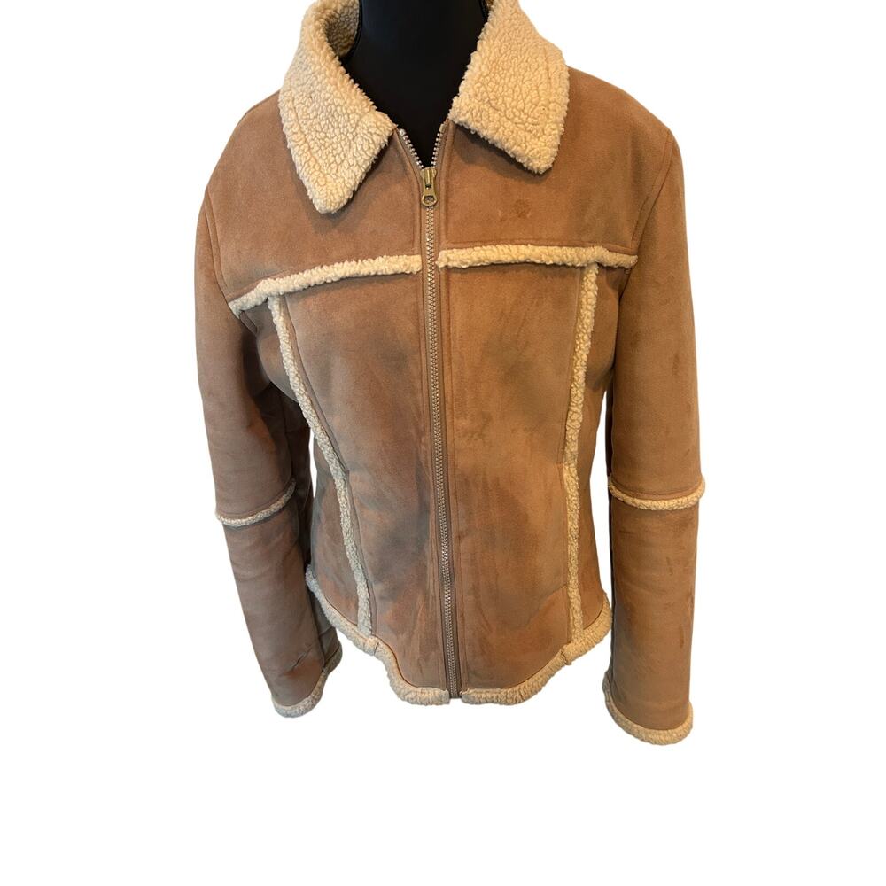 Buffalo David Bitton Tan Faux Suede Sherpa Aviator Jacket Womens L Western Boho
